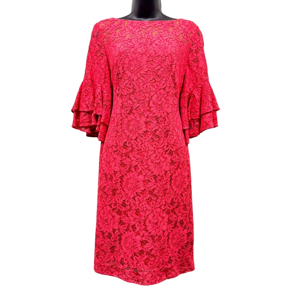 Lauren Ralph Lauren Pink Floral Lace Bell Sleeve Sheath Dress Size 2